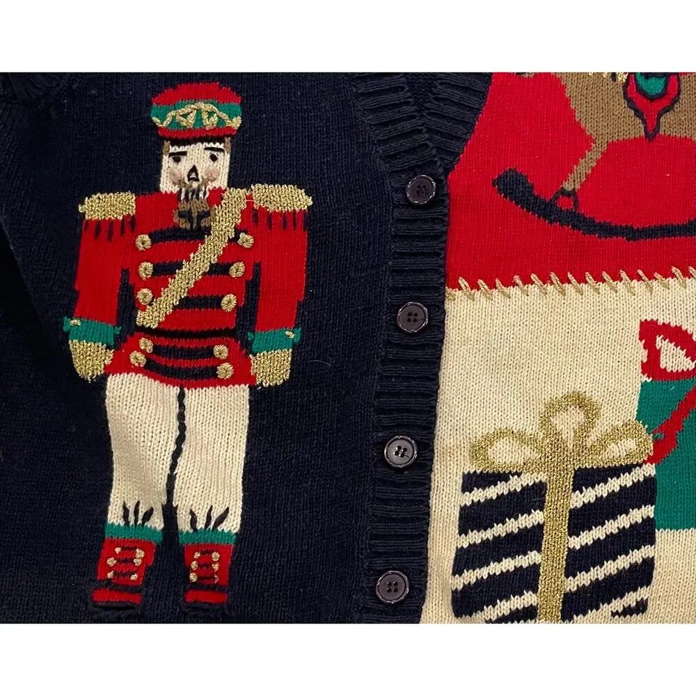Lauren Gayle Navy, Red, Christmas Patchwork Sweater Vest, Nutcracker, Holly, M